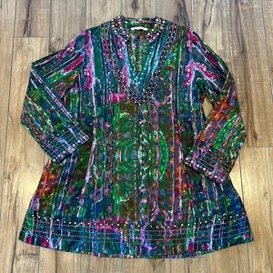 Soft Surroundings Multi Color watercolor Embroidered Tunic Boho Medium